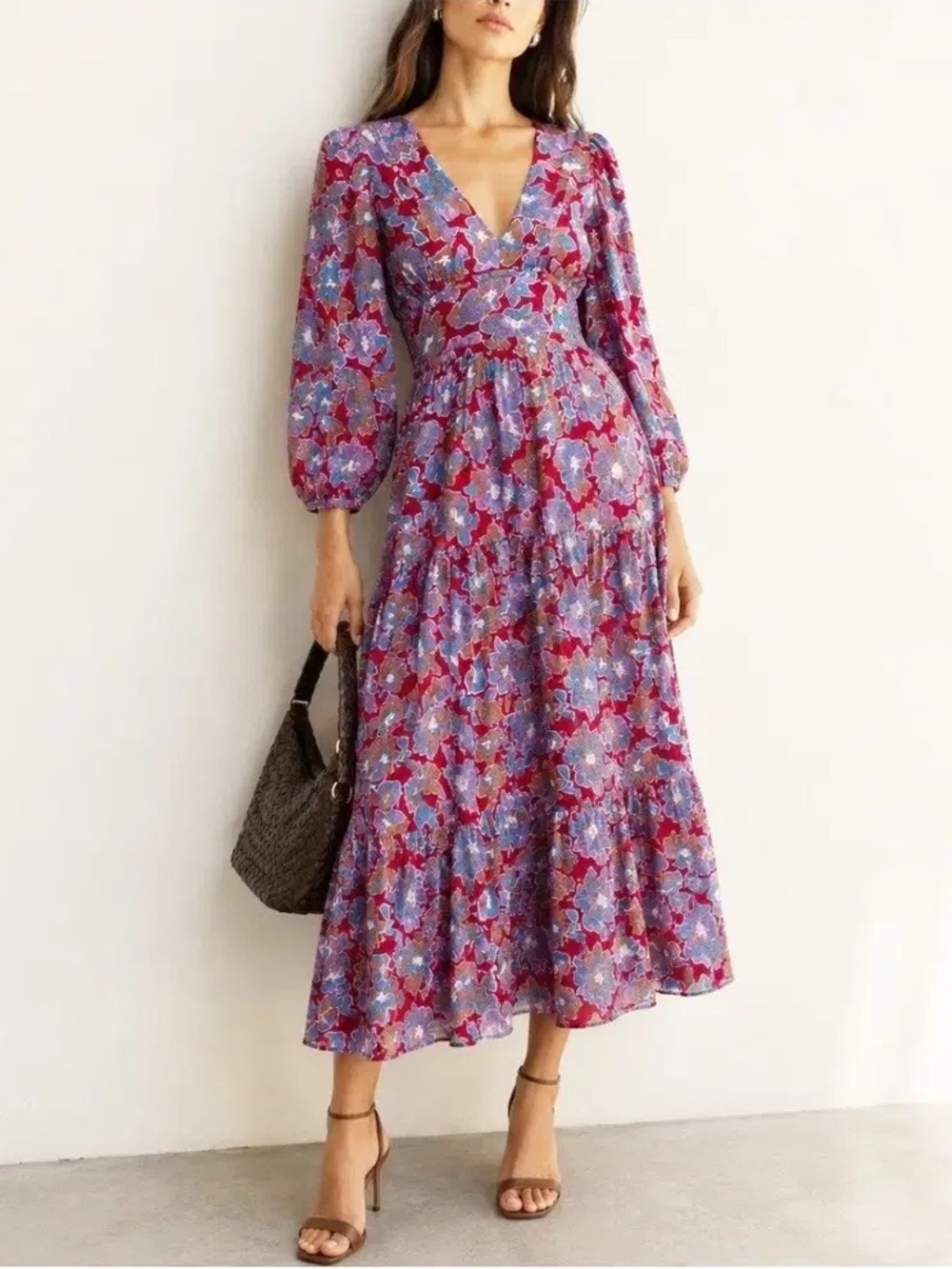 Caroline Constas Floral Deep V Puff Sleeve Tiered Midi Dress Red Size S